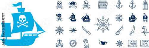 Fotografía Pirate ship sails through stormy seas with skull symbols and pirate icons