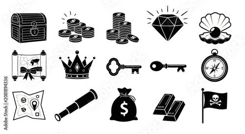 Foto Pirate icons depict treasure chest filled with money, jewels, and map on a white surface