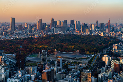 Panoramic sunset view of Shinjuku Gyoen National Garden and Shinjuku skyscraper skyline.