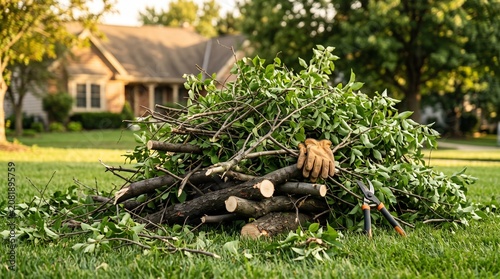 Fallen Branches Pile lying on green lawn in residential yard waiting for removal or chipping designed for seasonal cleanup promo and landscaping contractor ads