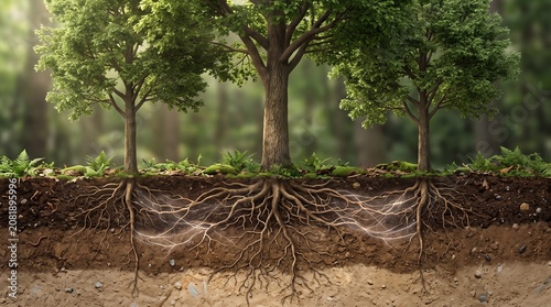 Forest Root System Under Tree complex interconnected underground network beneath woodland floor applicable for ecosystem sustainability concepts and environmental biology