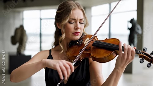 Female violinist plays with emotion in contemporary art gallery. Bright space features large windows and sculptures. Concept of music, performance, art gallery