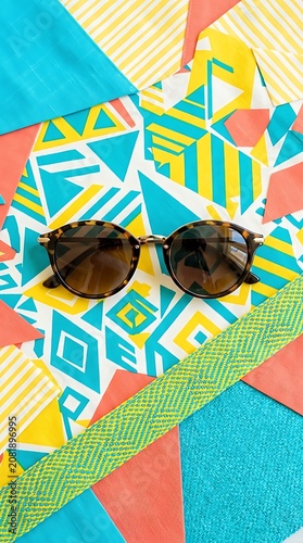 Tortoiseshell sunglasses on a vibrant geometric pattern background