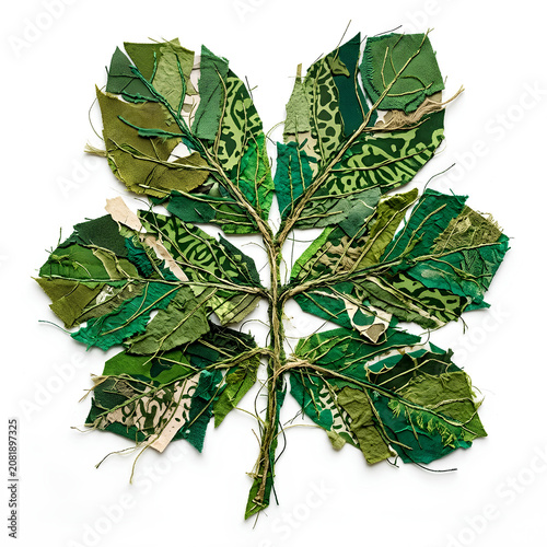 Variegated Leaf Branch with Green and White Patterned Foliage Close Up.