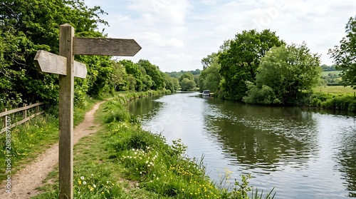 Blank wooden signpost on a rural canal path in summer