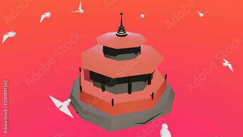 Mystical floating Buddhist pagoda temple surrounded by flying white pigeons in vibrant surreal sky render for spiritual architectural art design
