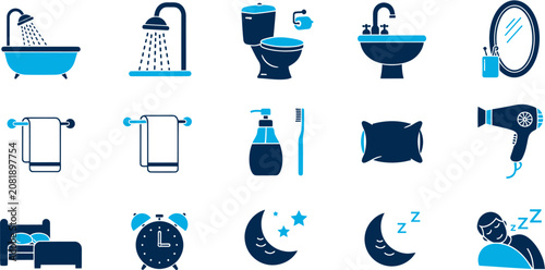 Obraz na płótnie Various bathroom and bedroom icons are shown in blue on a white background including toilet shower sink