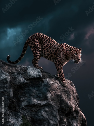 Leopard Predator On Rocky Ledge In Dark Stormy Wildlife Scene