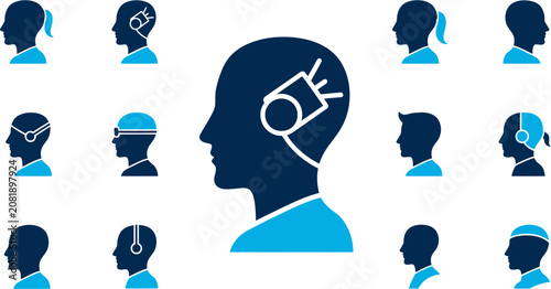 Bild auf Leinwand A large blue silhouette of a human head with a light bulb inside surrounded by smaller dark blue and light blue silhouettes of people's heads with various thoughts and ideas