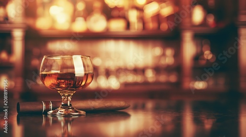 Whiskey Glass And Cigar On Warm Luxury Bar Background