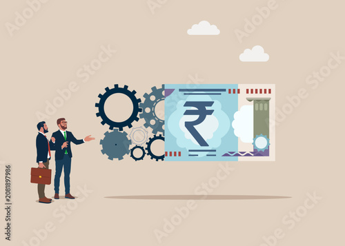 Business people and paper banknote Indian rupee.  Money with cog gear production. Optimize cost and expense for better profit strategy. Flat vector illustration