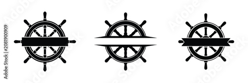 Black ship steering wheel icons with banners for monogram design
