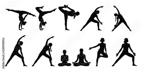 Black silhouettes of people doing various yoga poses and exercises