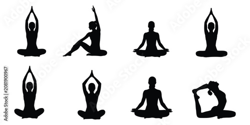 Set of black yoga silhouettes showing different exercise poses