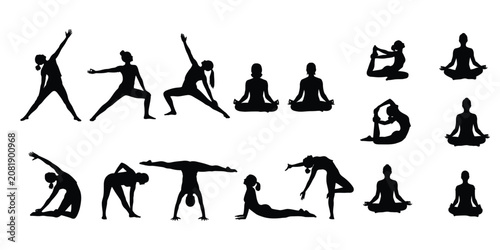 Set of yoga poses and fitness exercise silhouettes for healthy life
