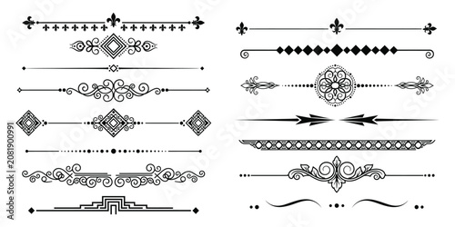 Set of black vintage floral dividers and decorative line borders
