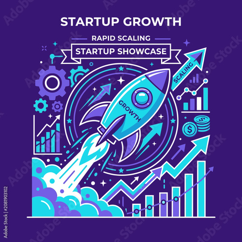 Startup Rocket Launching With Growth Charts And Scaling Arrows
