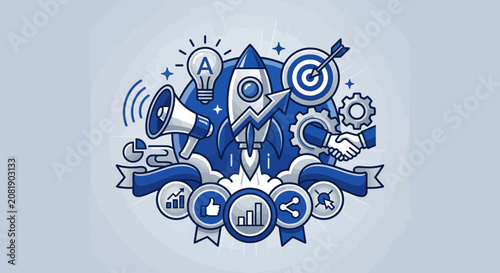 Startup Success And Business Growth Concepts Illustrated With Rocket And Icons