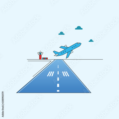 Flat vector illustration of an airplane taking off from an airport runway