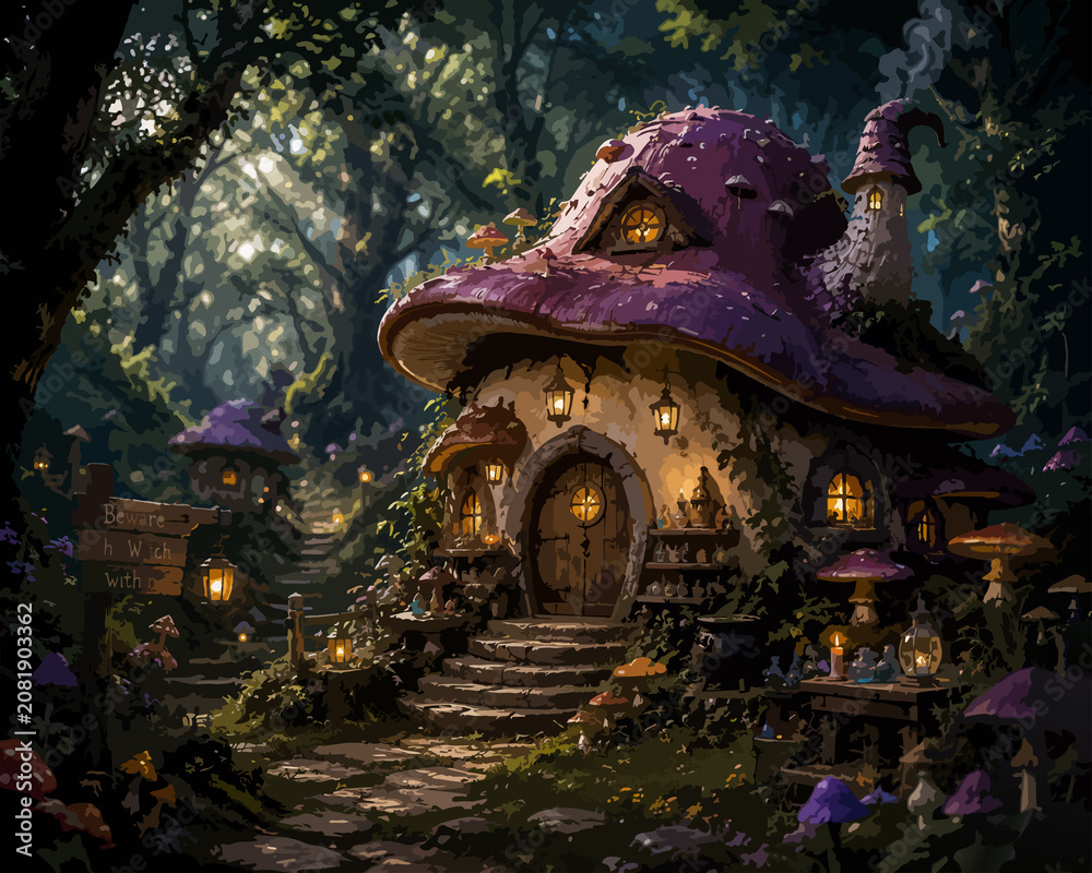 Obraz premium Mushroom witch house fantasy forest cottage background