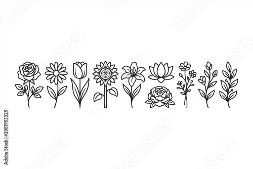 Collection of various handdrawn flower line art icons