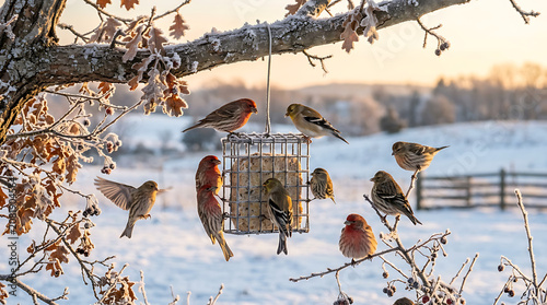 A flock of finches gathered around a suet feeder in a snowy winter landscape, capturing a moment of avian feeding and natural beauty during sunrise.