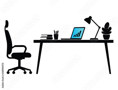 Office desk silhouette with laptop and bar graph screen, business