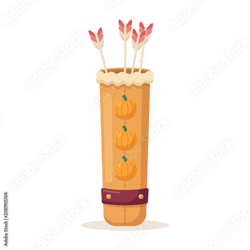 Canvas Print Decorative archery quiver decorated with three orange pumpkins and feathers for