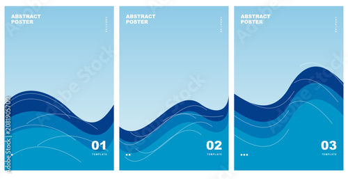 Cuadro en lienzo Set of three abstract ocean wave poster templates with deep blue water flow laye