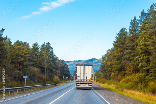 A white semi truck driving on a winding asphalt road through a pine forest with mountains in the distance. commercial logistics delivery, scenic highway journey, mountain travel.