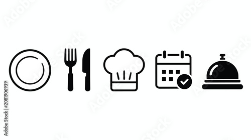 Restaurant booking icon set for food service, catering and kitchen management. Dinner reservation, chef hat and menu planning with cutlery, dish and dinner bell for cafe marketing and app design.