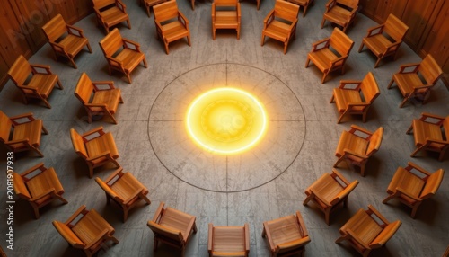 A circular arrangement of identical wooden chairs surrounding a single illuminated center