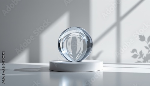 A crystal clear glass sphere resting at the center of a perfectly balanced circular platform