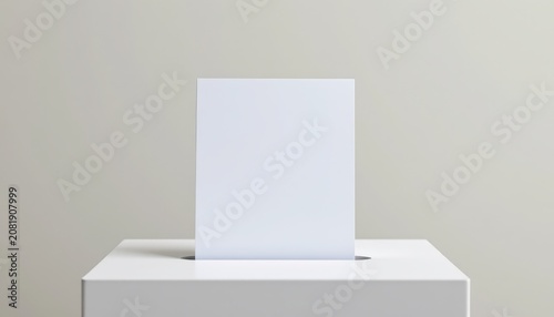 A single blank ballot paper partially inserted into a modern transparent voting box