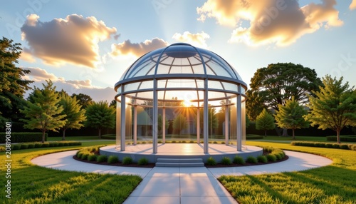 A transparent circular pavilion surrounded by lush green landscaping beneath a peaceful morning sky