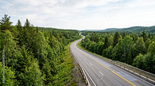Winding highway road, asphalt motorway, forest landscape, scenic route