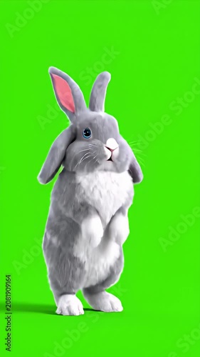 Realistic 3D grey rabbit standing on green screen background.