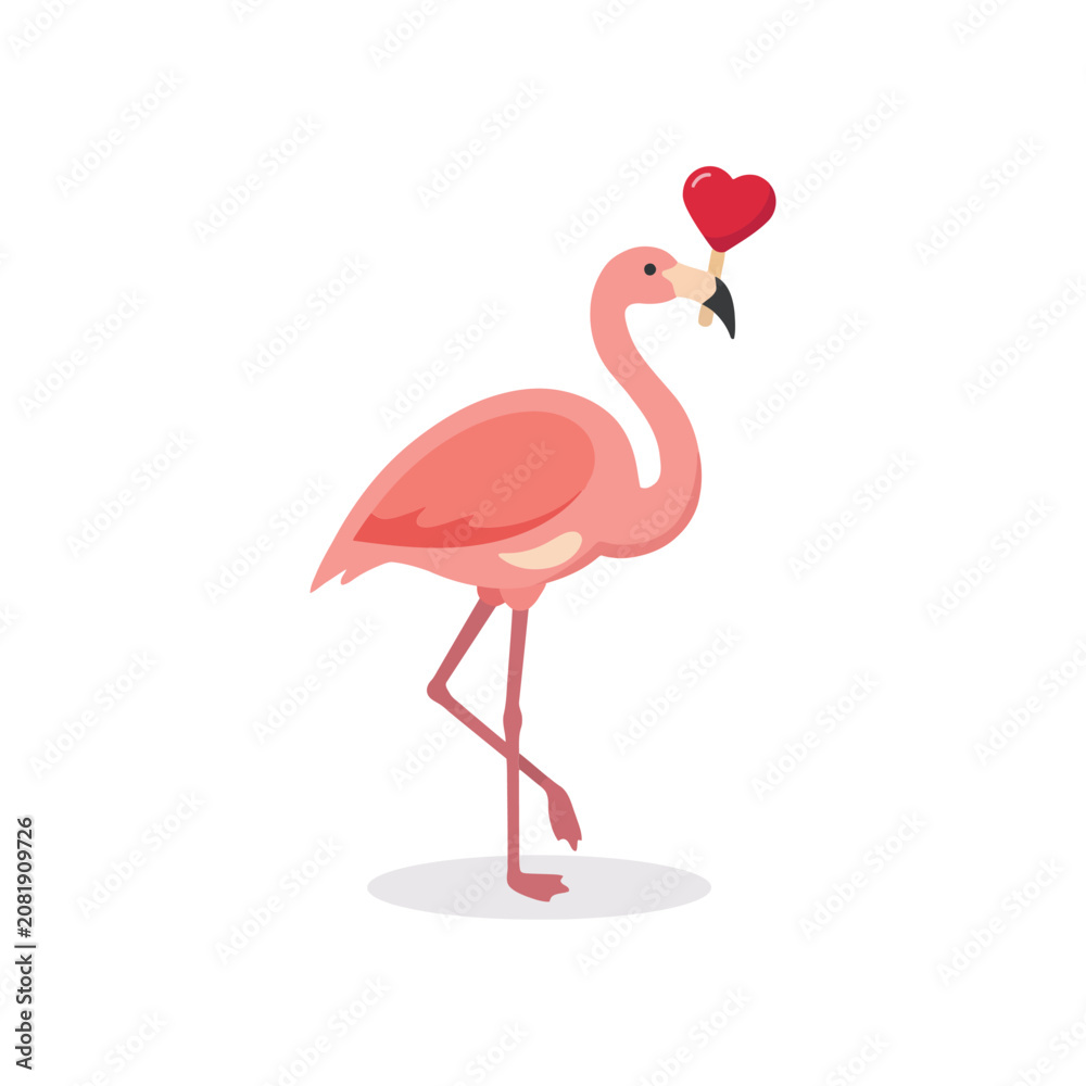 Obraz premium Pink flamingo standing on one leg holding a heart shaped lollipop, flat of a tropical bird with a sweet treat on white