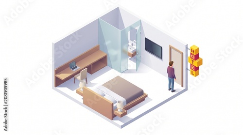 3D Isometric Hotel Room Interior with Modern Furniture and Guest Vector Illustration