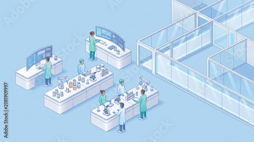 3D Isometric Medical Laboratory with Healthcare Workers and Diagnostic Equipment Vector Illustration