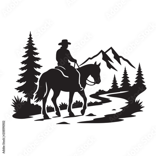 Cowboy Riding Horse Through Mountain Forest Landscape Silhouette Vector Isolated on White Background