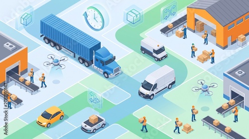 3D Isometric Logistics and Delivery Network with Vehicles, Warehouses and Package Handling Vector Illustration
