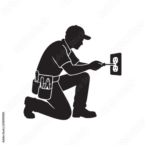 Electrician Installing Electrical Outlet Silhouette Vector Isolated on White Background