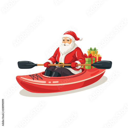 Foto Santa claus rowing a red kayak with christmas gift boxes for festive holiday cel