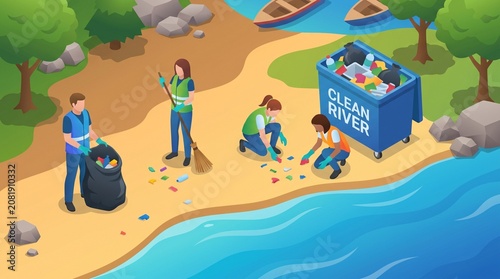 3D Isometric River Cleanup Volunteers Collecting Plastic Waste Vector Illustration