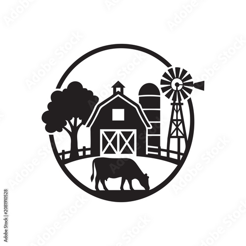 Rustic Farm Silhouette Badge with Barn Windmill Cow and Tree Vector Isolated on White Background