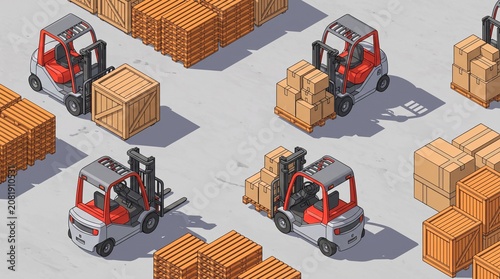 3D Isometric Forklift Warehouse Operations with Cargo Pallets and Boxes Vector Illustration