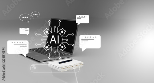 AI chatbot prompt on laptop, representing artificial intelligence, generative AI technology, virtual assistant and smart content creation interface. Multimedia technology.