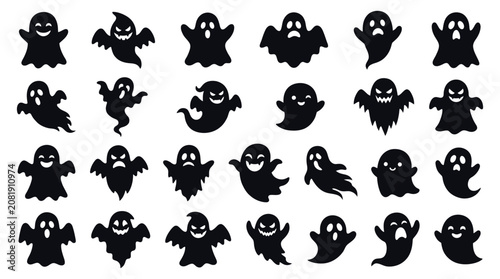 Cuadro en lienzo Collection of fifteen black ghost silhouettes with various expressions on a whit