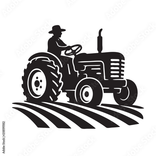 Farmer Driving Tractor on Field Silhouette Vector Isolated on White Background